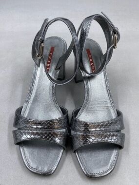 Prada Metallic Silver Textured Slingback Sandals